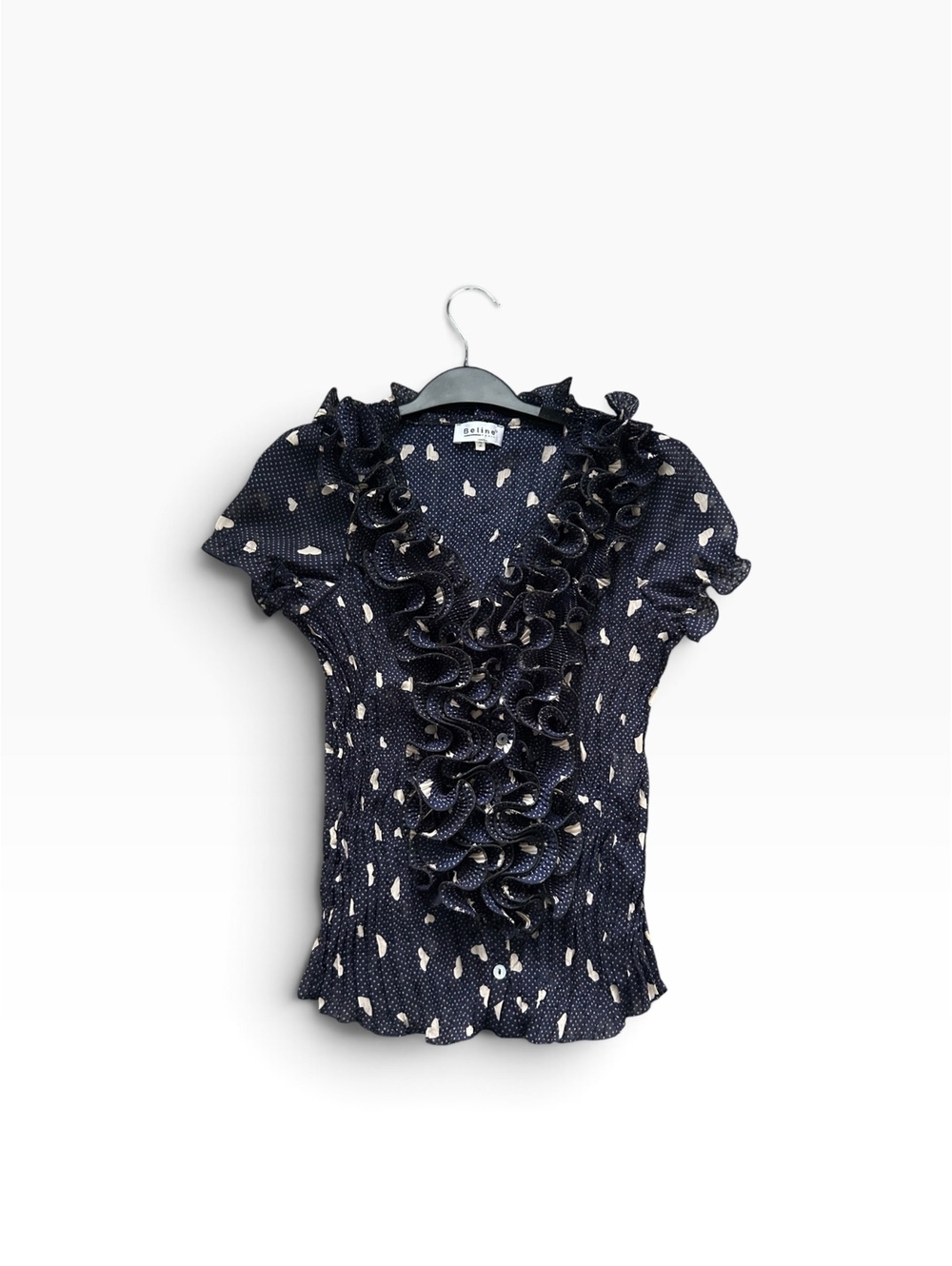 Beline Paris Made in France Ruffle Mousseline Blouse Navy Size 6 Sm/Med - Picture 3 of 11